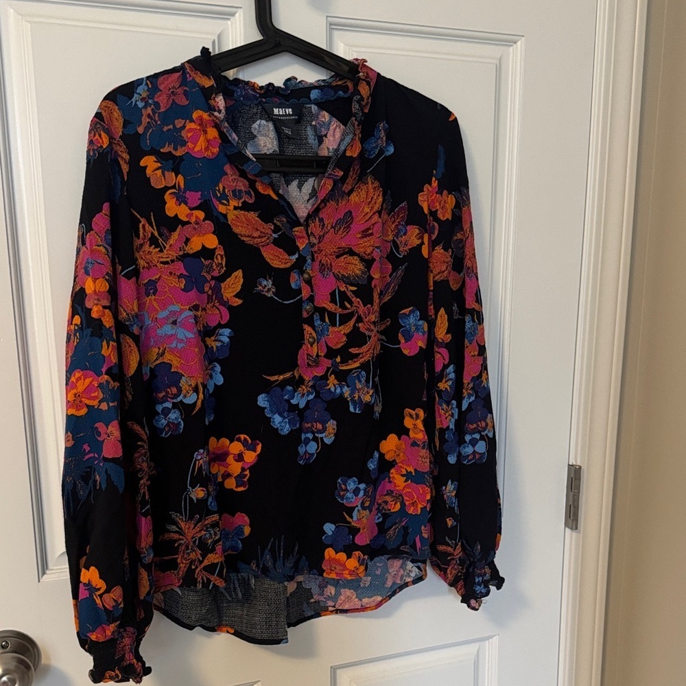 Anthropologie Maeve Black Blouse with Vibrant Floral Design